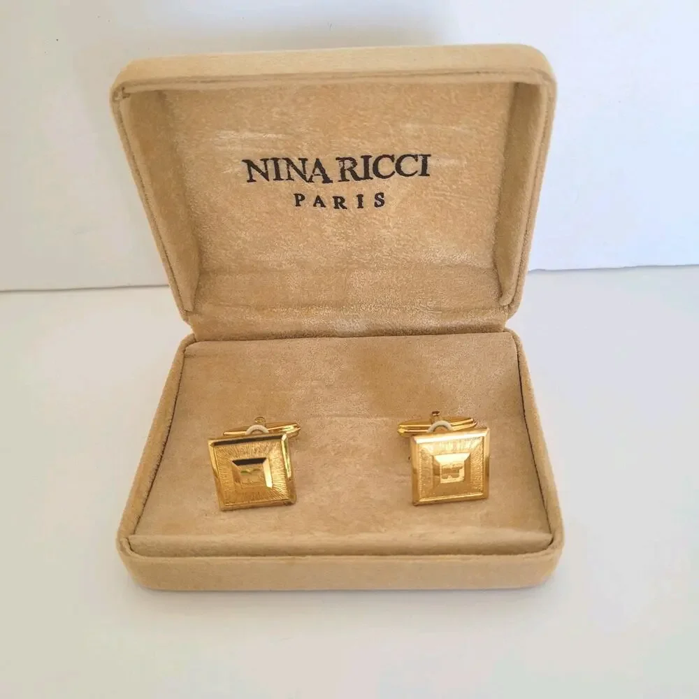 Nina Ricci‎ N French Cufflinks Set Gold Tone Logo Rectangle Box Retro Vintage